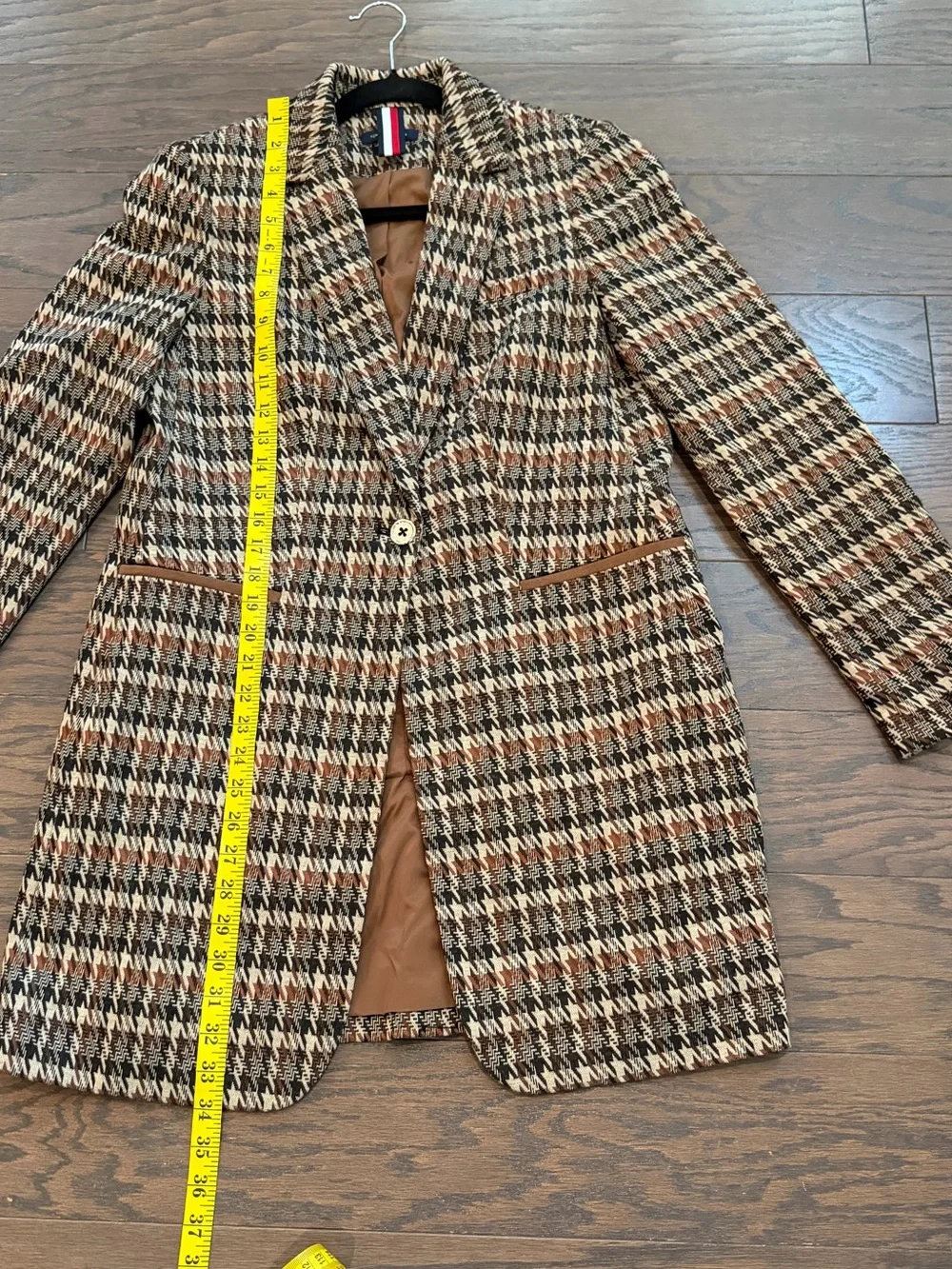 Tommy Hilfiger Houndstooth Longline Blazer Jacket Brown Faux Suede Elbow Size 10
